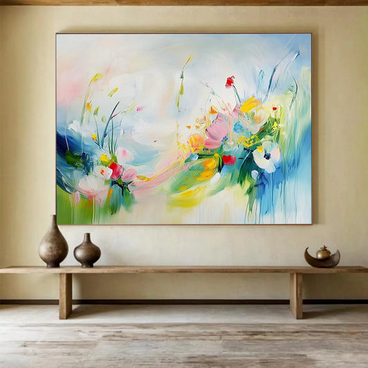 “Colorful Floral Breeze” - Pink, Yellow, Blue, Whimsical Flowers and Sky Painting On Canvas HB0937
