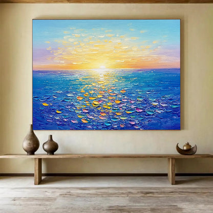 Sunlit Sea with Colorful Textured Reflections - Impasto Seaside Painting On Canvas HB0438