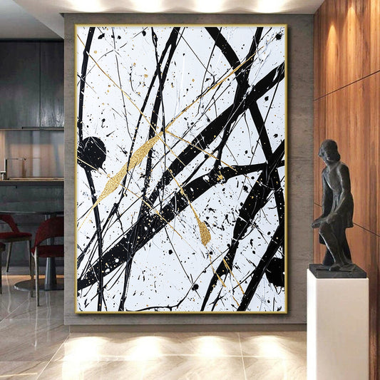 Black, White, Gold, Intertwined Lines "Gilded Chaos" Abstract Expressionist Painting On Canvas HB047