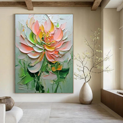 Contemporary abstract painting showcases textured flowers in pink and green hues against a white background, highlighting delicate details and depth. DLZ1667