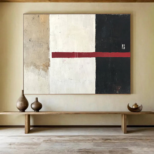 “Minimalist Color Divide” - Beige, White, Black, Red, Horizontal Stripe - Painting On Canvas HB1441