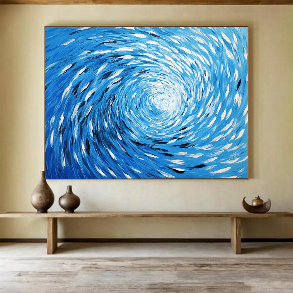 “Blue Fish Spiral” - Blue, White, Fish Spiral Oil Painting On Canvas HB0724