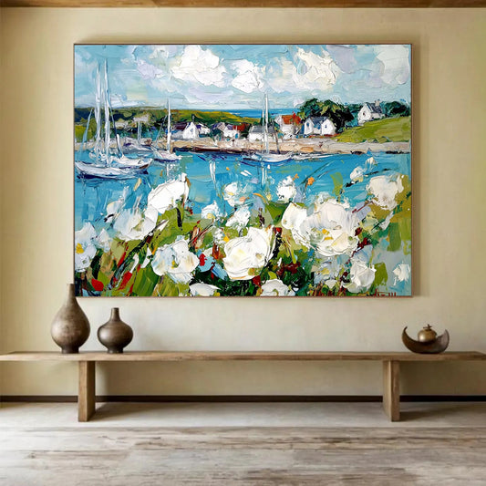 Blue, White, Green and Yellow Coastal Harbor with Flowers "Harbor Blooms" Painting On Canvas HB0666