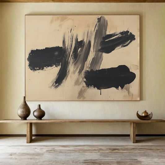 “Subtle Black - Beige Marks” - Black, Gray, Beige, Minimalist Brushstrokes - Ink Painting HB1629