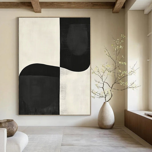 Contemporary abstract painting featuring large black and white shapes inspired by Japandi art and Peter Littleman, perfect for modern decor. DLZ1340