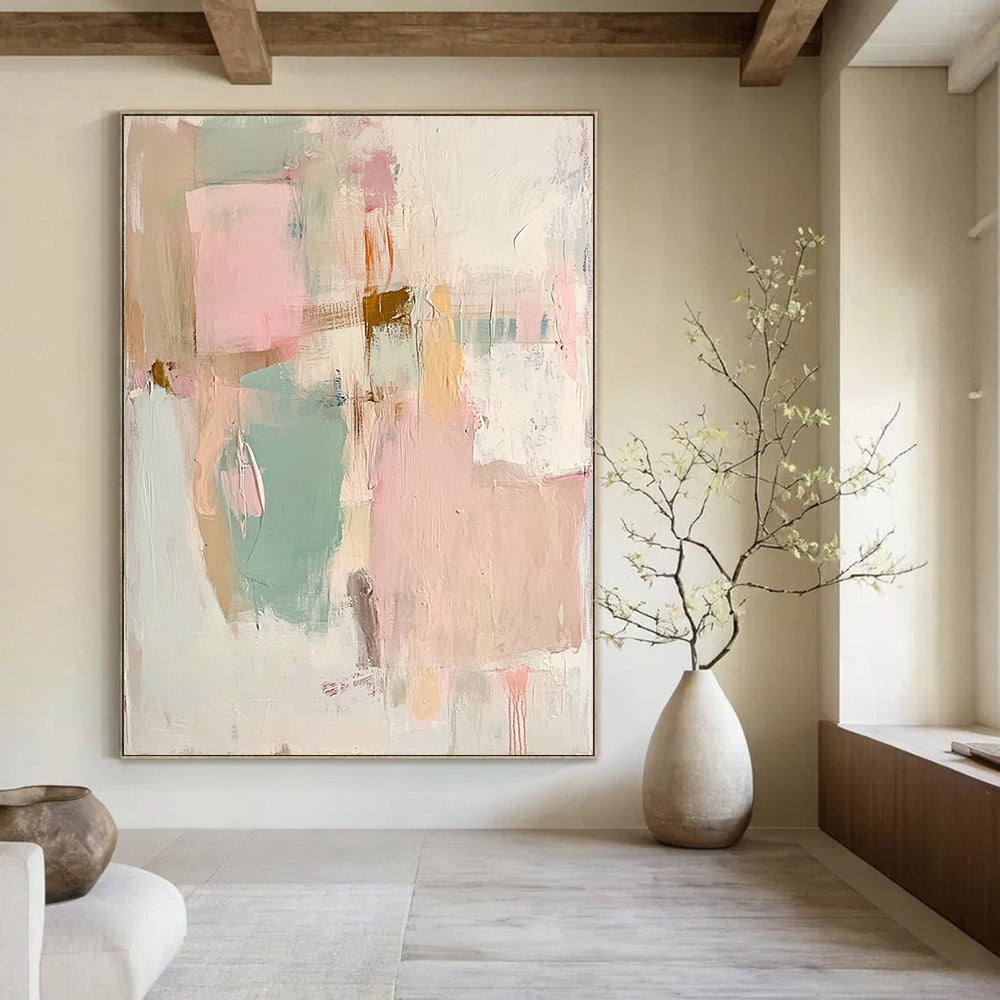 Contemporary hand-painted abstract artwork featuring soft pinks greens and whites highlighting textured beige paper with faded pastel shapes and forms. DLZ1062