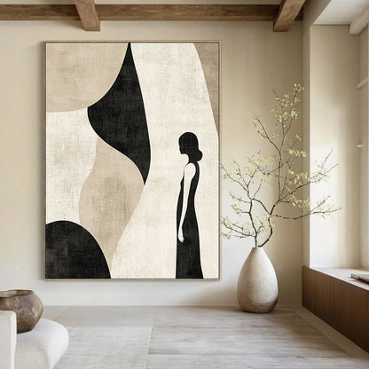 Contemporary abstract artwork featuring muted beige and black tones with simple line art, perfect for modern decor aesthetics. DLZ0798