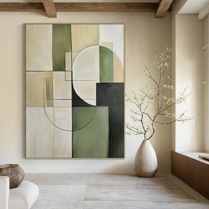 Contemporary hand-painted abstract artwork featuring minimalist beige and green tones with geometric squares and circles for a sophisticated aesthetic. DLZ0552