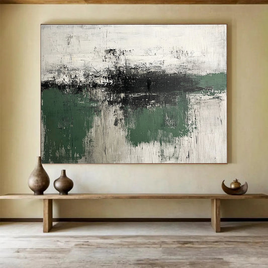 “Green - Gray Textures” - Green, Gray, White, Abstract Textured Landscape Painting On Canvas HB1065