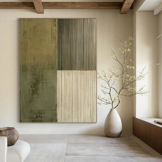 Contemporary hand-painted abstract artwork featuring contrasting smooth concrete and textured olive green lines, enhancing visual depth and intrigue. DLZ1490