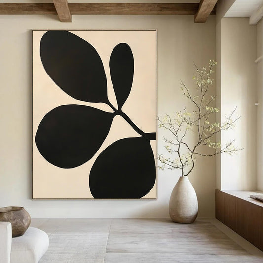 Contemporary abstract artwork featuring Matisse-inspired cutouts with bold black shapes, large leaves, minimalism, and striking negative space on a white background. DLZ1595
