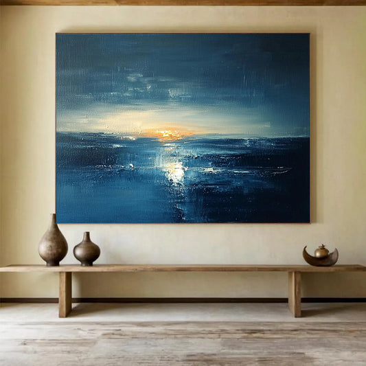 “Dark Blue Sunset Seascape” - Dark Blue, Orange, White, Dramatic Seascape Painting On Canvas HB1012