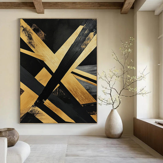 Contemporary abstract painting featuring bold black and gold stripes geometric shapes with wooden lines on a dark background and expressive brush strokes. DLZ0730
