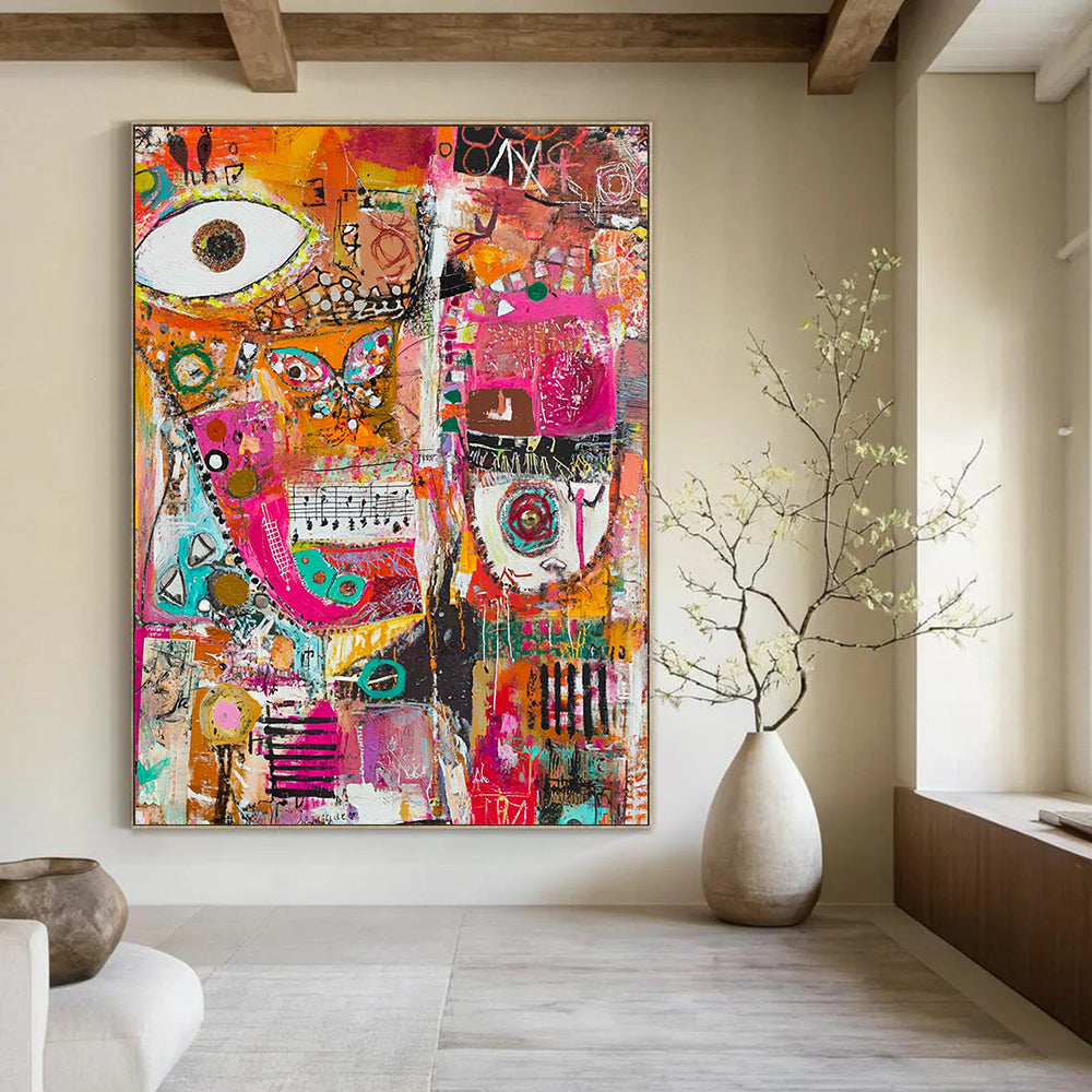 Vibrant contemporary abstract painting featuring joyful collage of musical notes fabric scraps paint splatters and geometric forms celebrating creativity and expression. DLZ0948