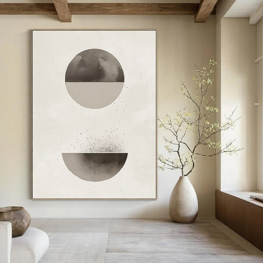 Contemporary abstract artwork features a minimalist Japandi design with muted gray and beige tones and harmonious circle and half-circle shapes. DLZ1346