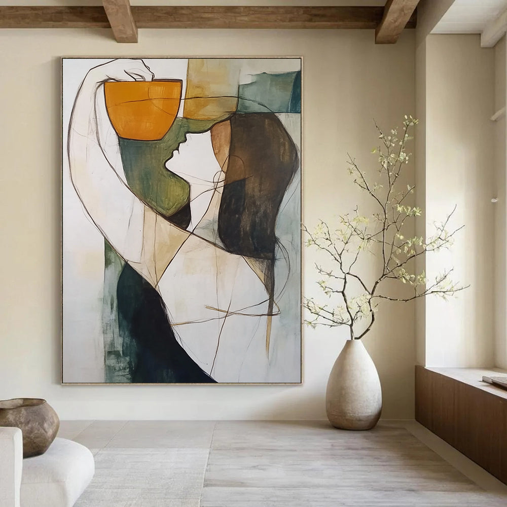 Contemporary abstract artwork featuring a figure cradling an orange cup against a soothing blend of gray green black and blue tones. DLZ1302