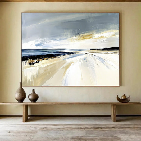 “Dynamic Beach Drips” - Gray, Blue, Beige, Abstract Dripping Beachscape Painting On Canvas HB1073