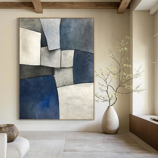 Contemporary abstract painting features deconstructed tailoring in gray blue and white shapes inspired by cubism with a low-angle perspective and subtle tonal values. DLZ0813