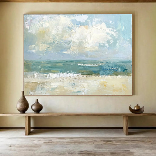 “Abstract Coastal View” - Muted Blues, Greens, Beiges, Textured Beach Scene - Oil Painting HB1613