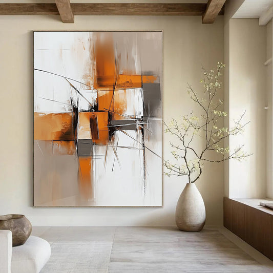 Contemporary hand-painted abstract artwork features light orange and dark gray tones with brush strokes and shapes on a textured white background. DLZ0680