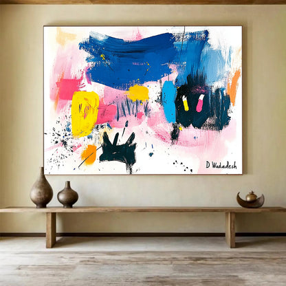 “Colorful Abstract with Black Silhouettes” - Colorful Palette, Black Shapes Painting On Canvas HB0873