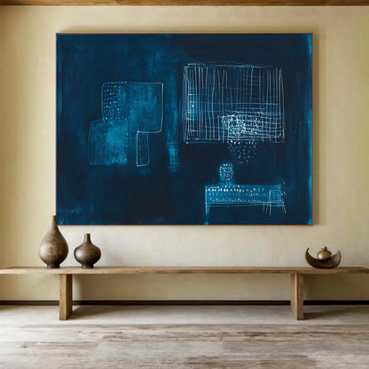 “Abstract White Shapes on Dark Blue” - Expressive Abstract Painting On Canvas HB0525