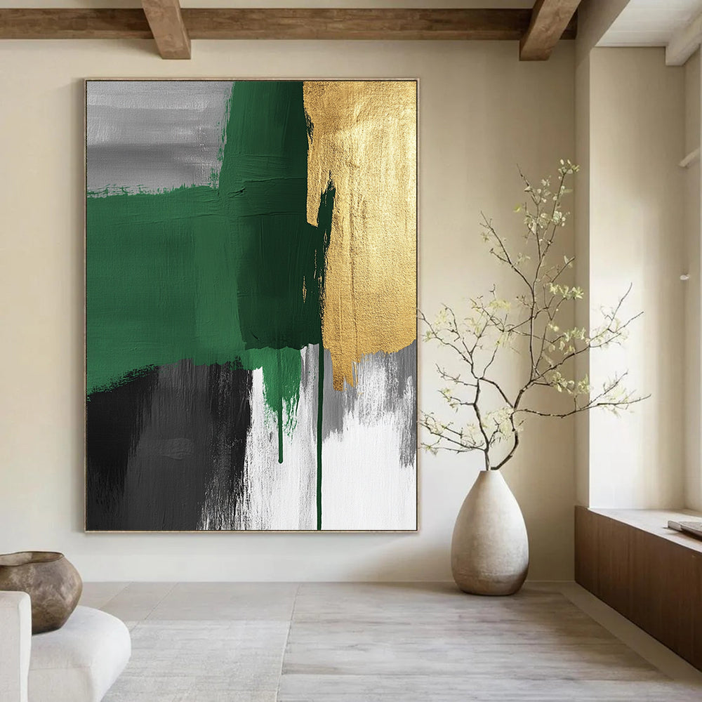 Contemporary hand-painted abstract art features green and grey brush strokes with gold accents and visible canvas texture, creating a striking surrealistic expressionist style. DLZ1626