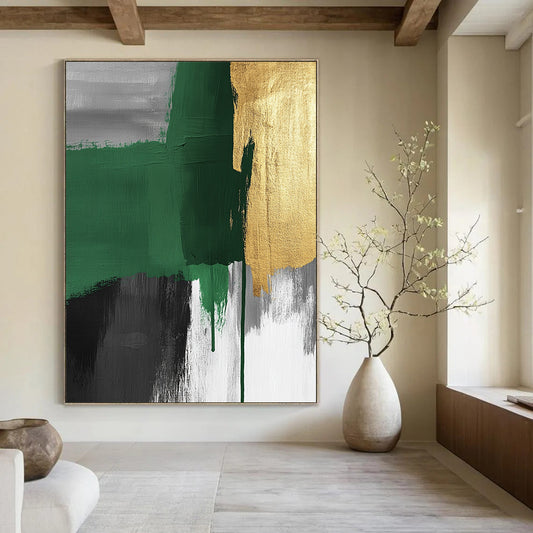Contemporary hand-painted abstract art features green and grey brush strokes with gold accents and visible canvas texture, creating a striking surrealistic expressionist style. DLZ1626