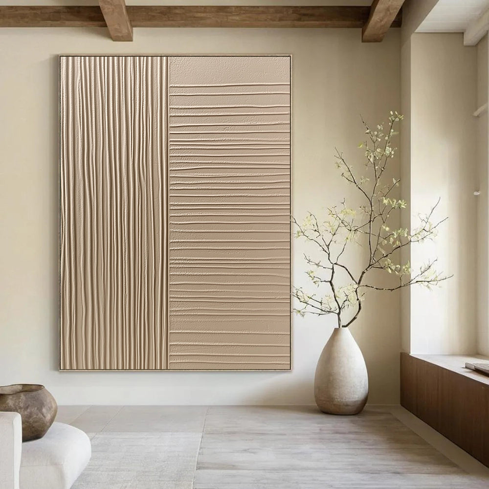 Contemporary hand-painted abstract art features beige wall cladding with smooth textured panels showcasing vertical grooves and flat surfaces for a sophisticated aesthetic. DLZ1532