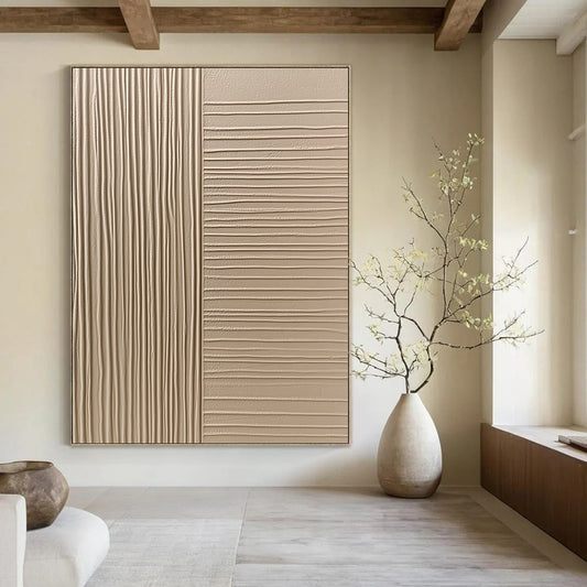 Contemporary hand-painted abstract art features beige wall cladding with smooth textured panels showcasing vertical grooves and flat surfaces for a sophisticated aesthetic. DLZ1532