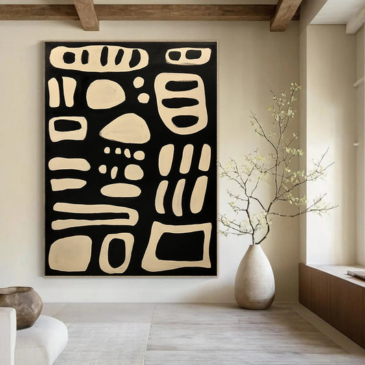 Contemporary hand-painted abstract art featuring bold lines and organic forms on a black background with elegant white isoglyph patterns. DLZ1244