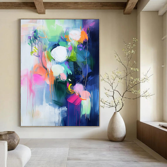 Large contemporary hand-painted abstract art with bright colors bold brushstrokes vibrant shapes and soft lighting creating emotional depth and atmosphere. DLZ1029