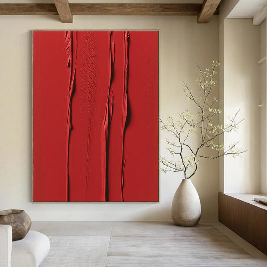 Contemporary abstract painting featuring vibrant red vertical strokes and textured layers evoking energy and passion in a minimalist symmetrical design. DLZ1694