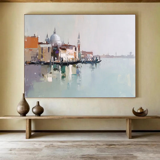 “Venice Impression Abstract” - Beige, Blue, Orange with Venice Scene - Painting On Canvas HB1403