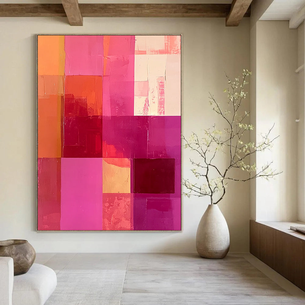 Large contemporary hand-painted abstract artwork featuring a vibrant hot pink and peach color scheme with bold squares and rectangles. DLZ1327