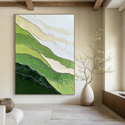 Contemporary hand-painted abstract artwork featuring textured green mountains and minimalist design against a white background evokes tranquility and natural beauty. DLZ0599