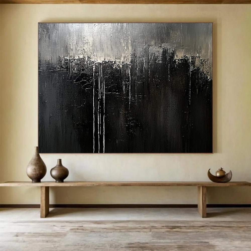 Monochrome Dripping Abstract - Dark Expressionist Painting On Canvas HB0468