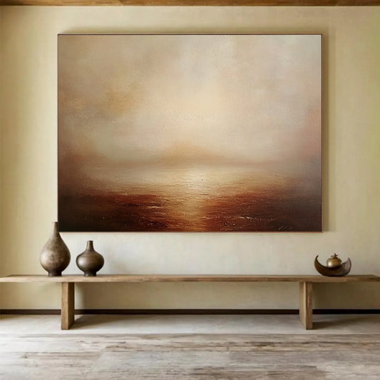 “Misty Sea at Dusk” - Browns, Beiges, Whites, Foggy Ocean - Atmospheric Oil Painting HB1593
