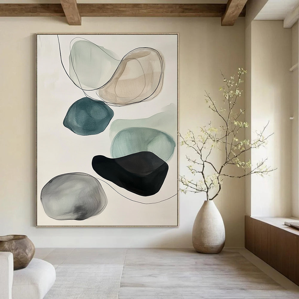 Contemporary abstract art featuring muted colors, black ink outlines, floating rocks in gray and teal on a white background. DLZ0796