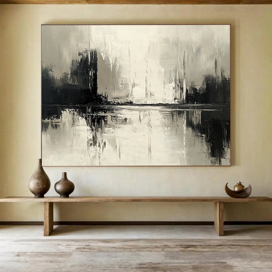 “Monochrome Reflective Abstract” - Black, White, Reflective Cityscape Painting On Canvas HB0893