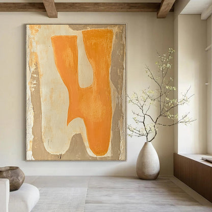 Contemporary abstract painting featuring minimalist boho style with terracotta and cream colors showcasing two animals on textured beige background. DLZ1609