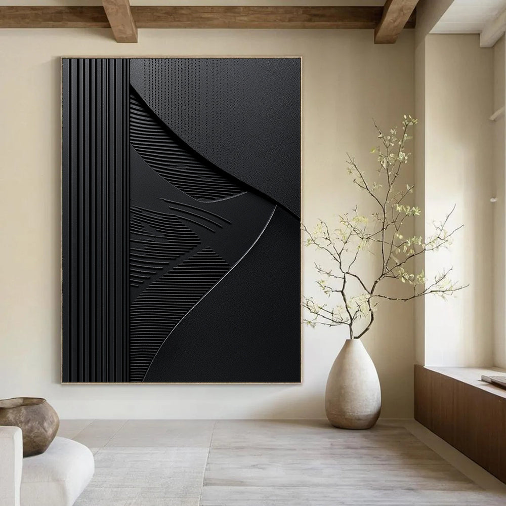 Contemporary abstract art features elegant embossed lines on a black background with balanced dark gray textures for a striking visual impact. DLZ1653
