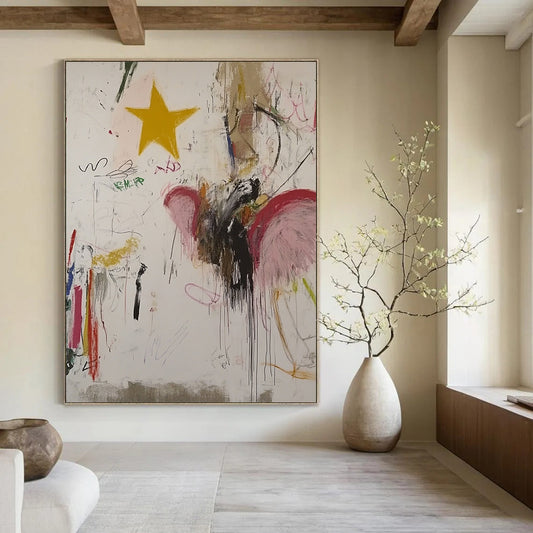 Large contemporary hand-painted abstract artwork featuring an angel with vibrant colors whimsical designs and a yellow star on a white background. DLZ0858