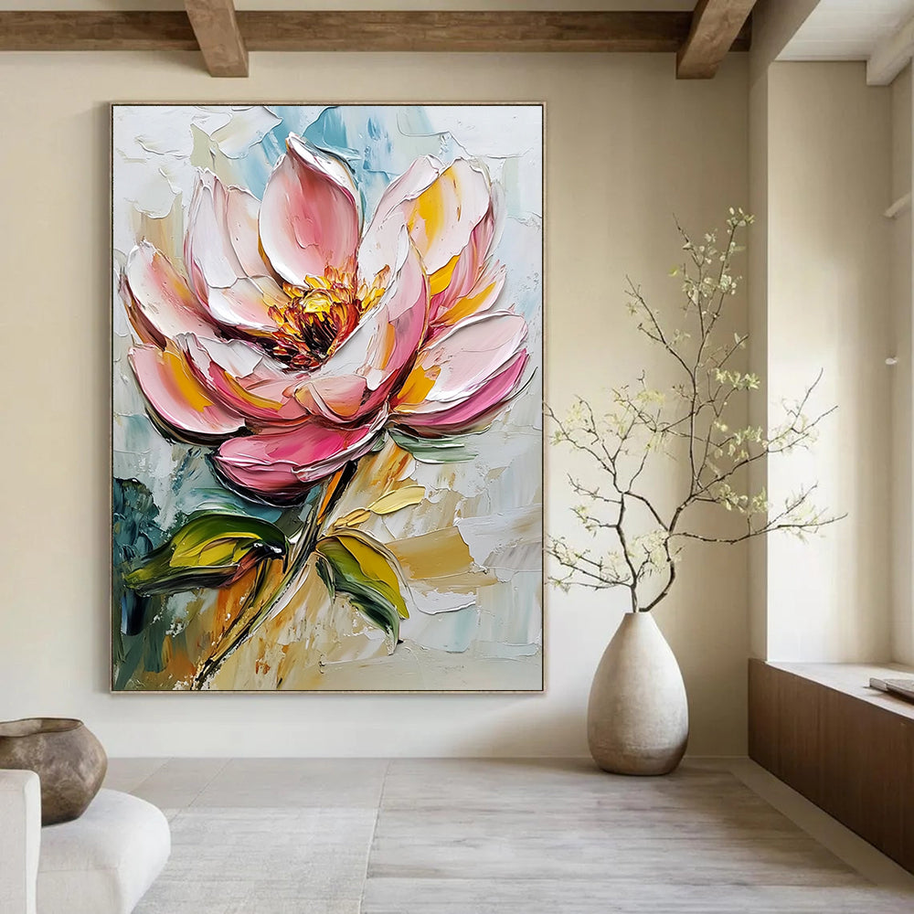 Contemporary abstract art featuring a pink flower and leaves in a detailed palette knife oil painting on a pristine white background. DLZ1440