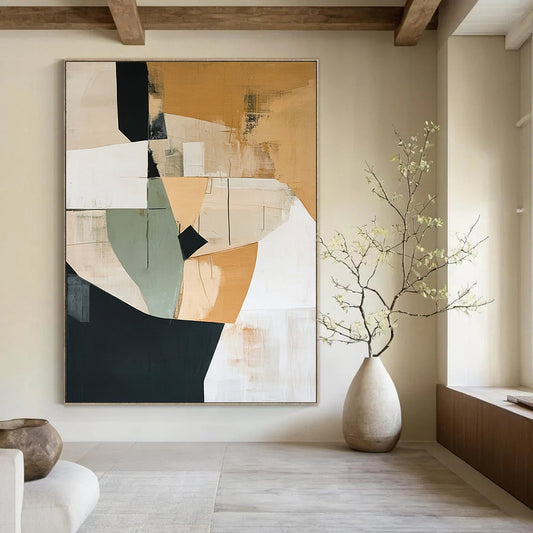 Contemporary abstract artwork featuring minimalist shapes in beige with green and black accents and generous white space invites harmony and balance into any space. DLZ0876