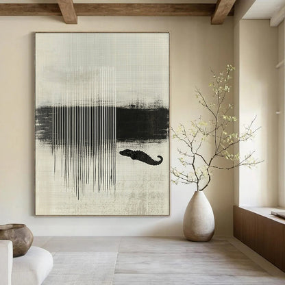 Contemporary abstract artwork featuring black and white stripes layered with textures and a crocodile silhouette enhancing minimalist aesthetic. DLZ1438