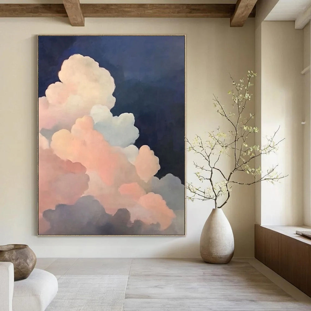 Contemporary hand-painted abstract artwork featuring soft pink and dark blue clouds with atmospheric lighting inspired by Michael Pitcher's style. DLZ1412
