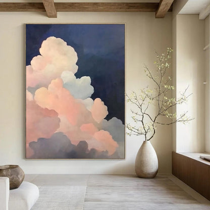 Contemporary hand-painted abstract artwork featuring soft pink and dark blue clouds with atmospheric lighting inspired by Michael Pitcher's style. DLZ1412