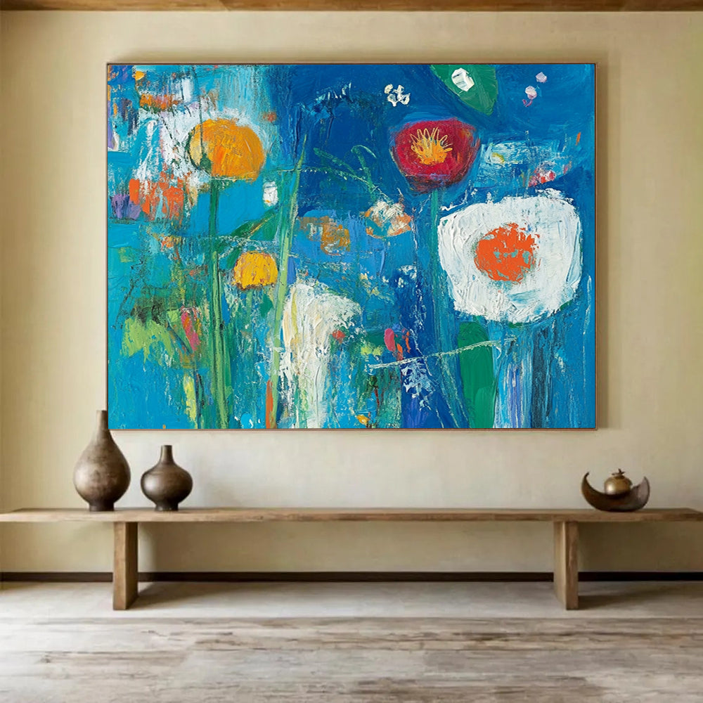 “Blue Floral Abstract” - Blue, Colorful Flowers, Abstract Garden HB1140