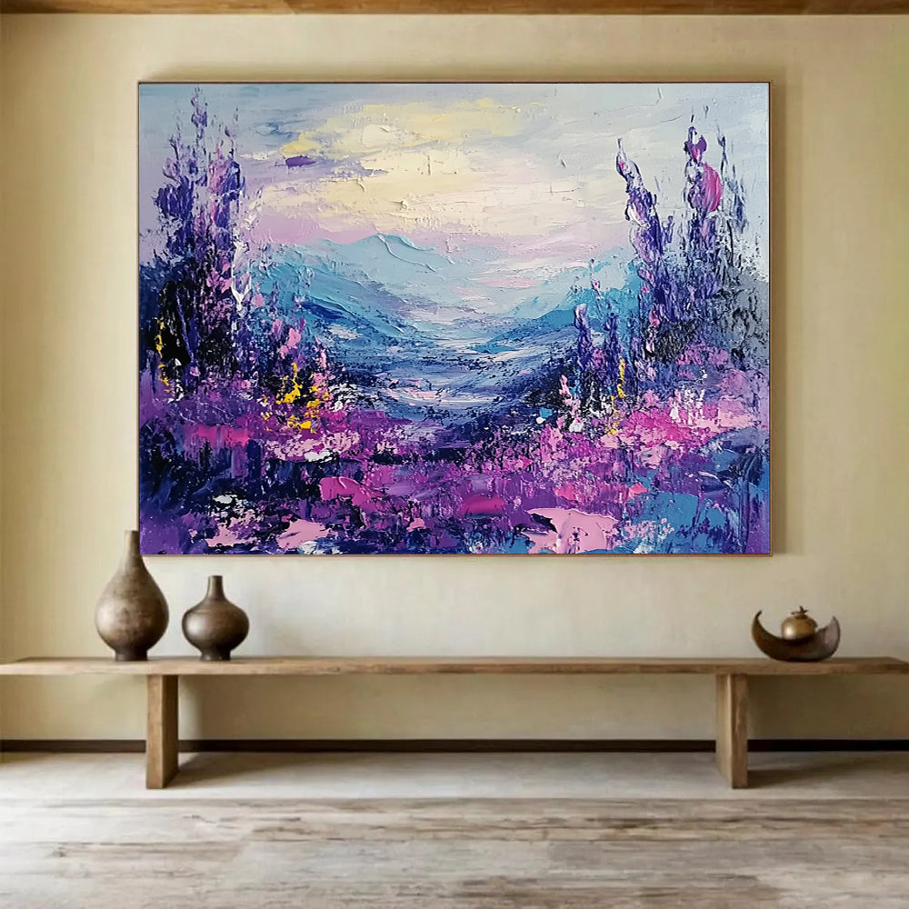 “Vibrant Purple Valley” - Lush Purples, Pinks, and Blues, Textured Mountain Valley with Floral Details Painting On Canvas HB0908